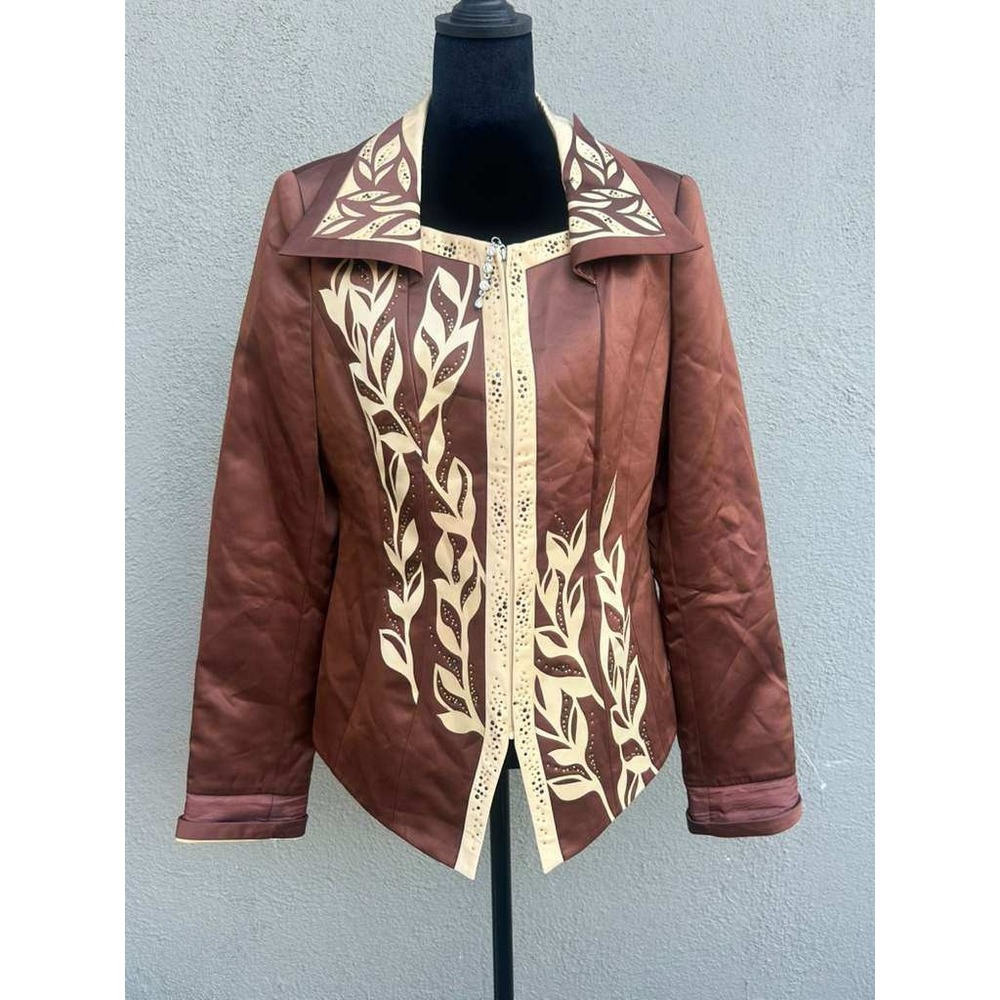 Sample Brown Satin Leaf Applique Rhinestone Blazer Jacket Size 6 Bronze Cream‎